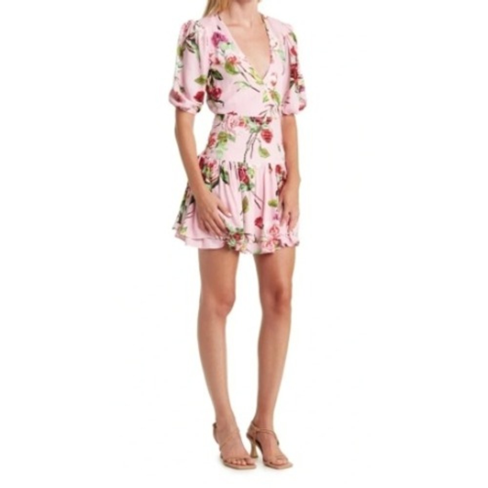 AFRM Los Angeles Smocked Waist‎ Dress In Blush Bouquet Puff Sleeve Pink Sz M